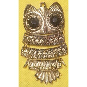 Vintage Articulated Gold-Tone Owl Pendant With Black Eyes